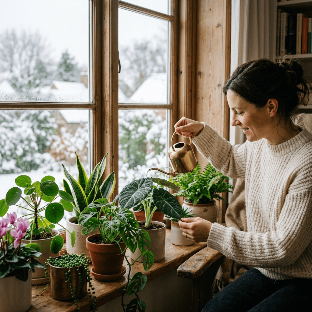Woman watering various potted houseplants by a large window with snowy outdoor view