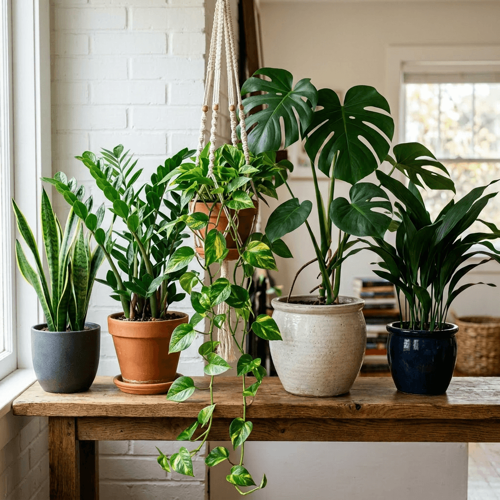 Five green indoor houseplants in pots arranged on a wooden shelf near a window