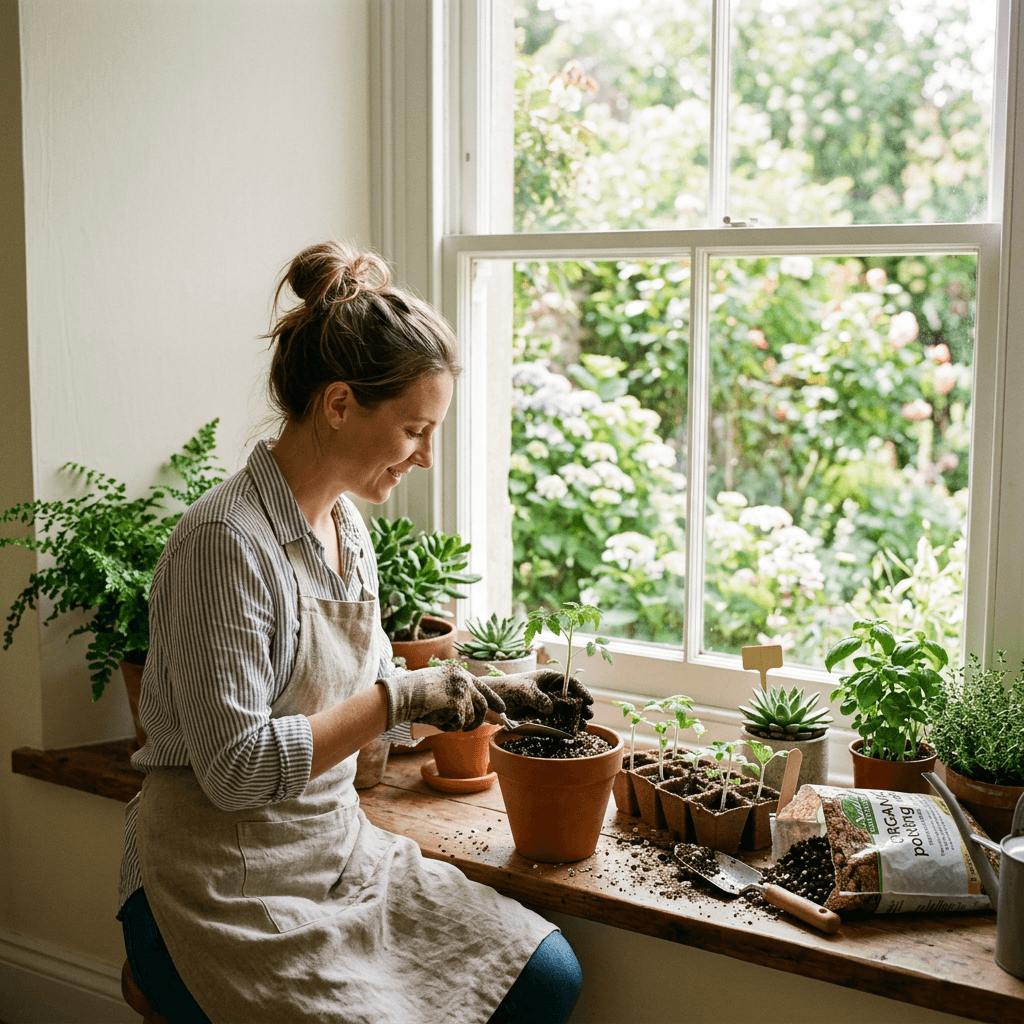 Woman planting seedlings in pots beside a window with gardening tools