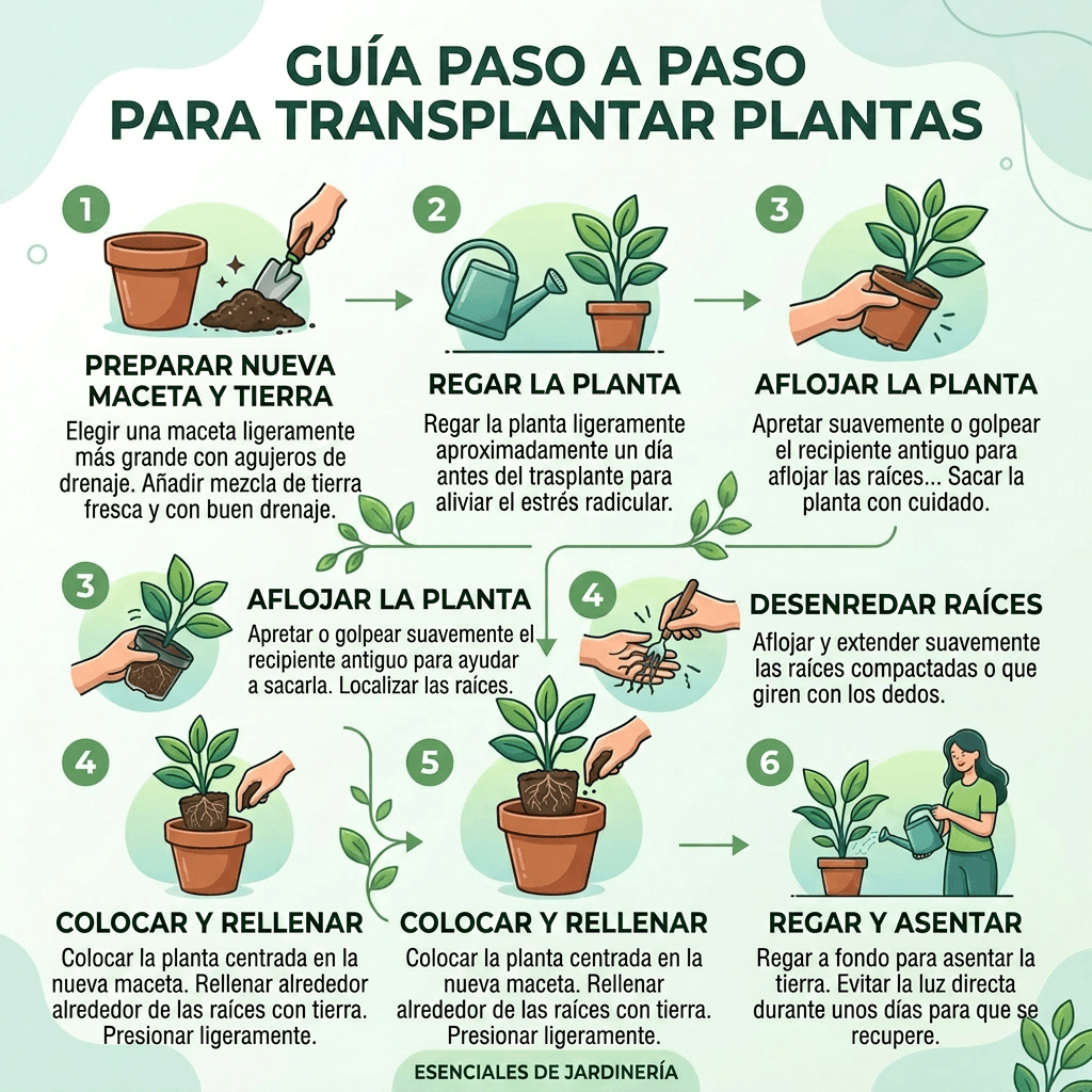 Six illustrated steps for transplanting a houseplant, including preparing pot and soil, watering, loosening plant, untangling roots, placing plant in new pot, and watering again.